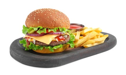 Delicious burger with beef patty, tomato sauce and french fries isolated on white