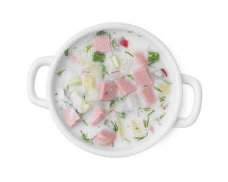 Photo of Delicious cold summer soup (okroshka) with boiled sausage in pot isolated on white, top view