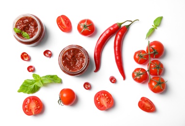 Photo of Composition with tasty homemade tomato sauce on white background, top view