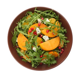 Delicious persimmon salad with blue cheese pomegranate isolated on white, top view