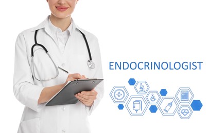 Image of Endocrinologist with stethoscope and different icons on white background, closeup