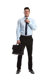 Businessman with stylish leather briefcase on white background