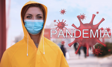 Woman wearing medical mask outdoors during coronavirus outbreak