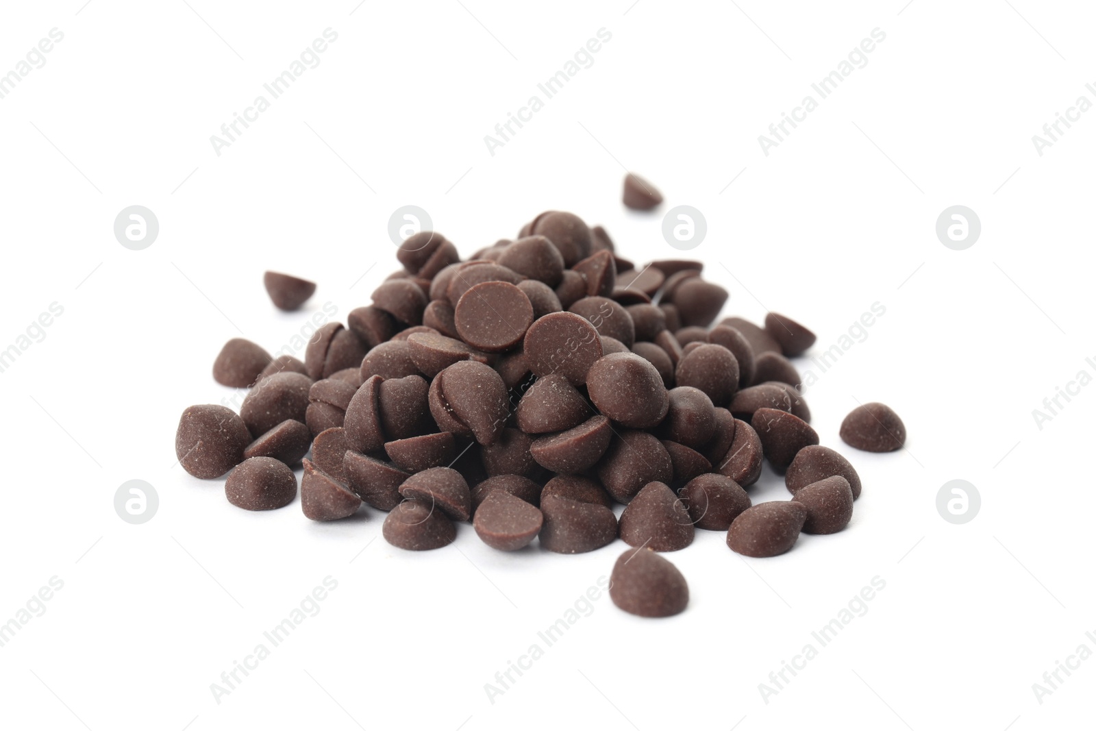 Photo of Pile of delicious dark chocolate chips on white background