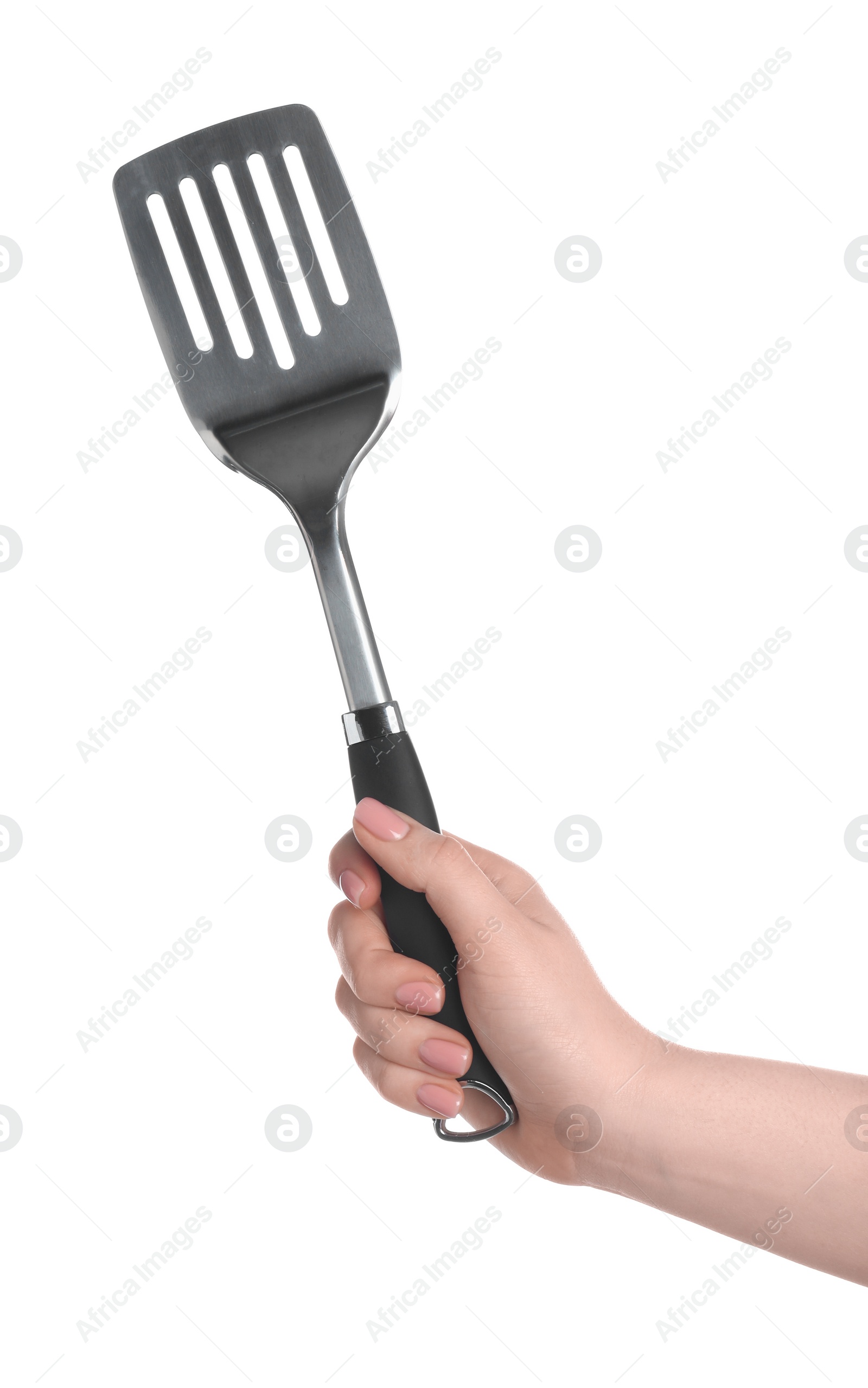 Photo of Woman with metal spatula on white background, closeup