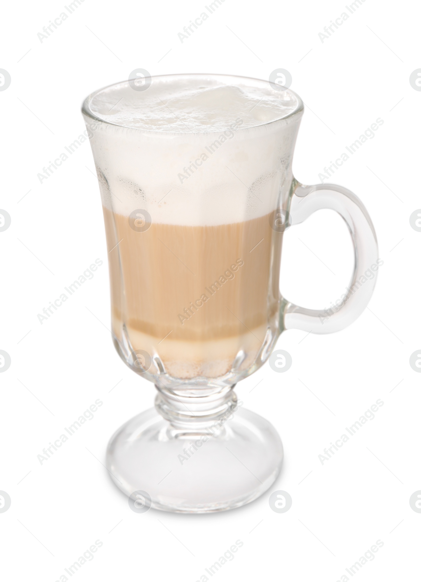 Photo of Aromatic latte macchiato in glass cup isolated on white