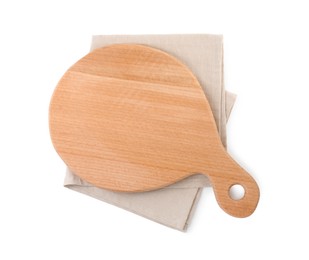 Photo of Wooden cutting board and napkin isolated on white, top view