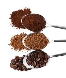 Photo of Spoons of beans, instant and ground coffee on white background, top view