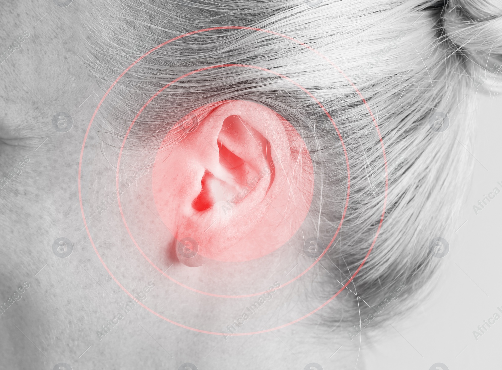 Image of Mature woman suffering from earache, closeup. Black and white tone