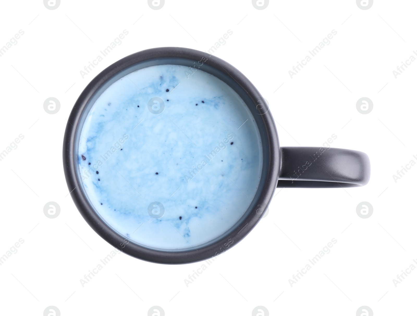 Image of Blue matcha latte in cup on white background, top view