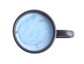 Blue matcha latte in cup on white background, top view