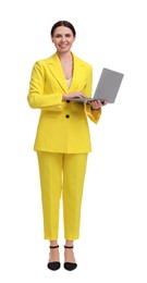 Photo of Beautiful businesswoman in yellow suit with laptop on white background