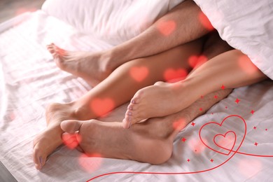 Image of Illustration of hearts and passionate young couple having sex on bed at home, closeup of legs