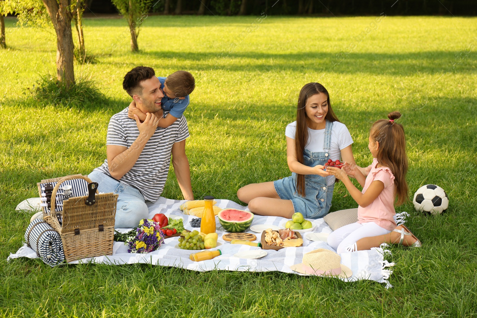 Photo of Happy family having picnic in park on sunny summer day