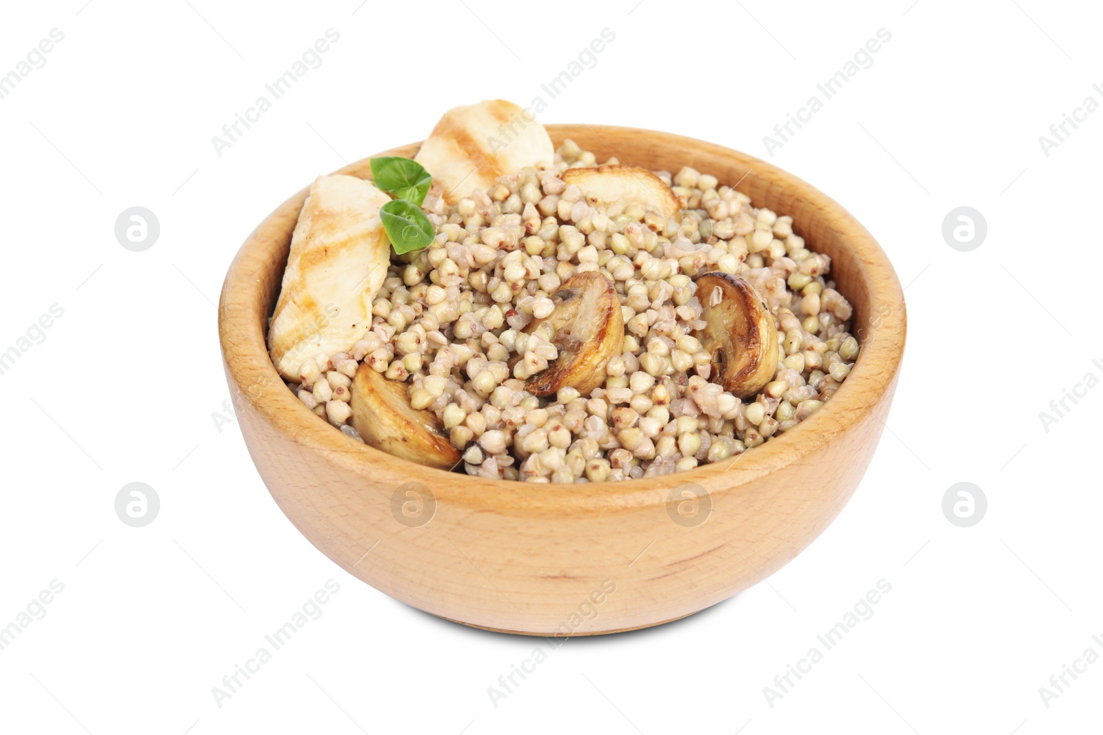 Photo of Tasty buckwheat porridge with meat isolated on white