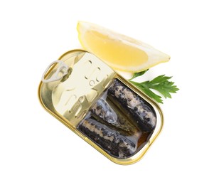 Photo of Open tin can with mackerel fillets, lemon and parsley on white background, top view