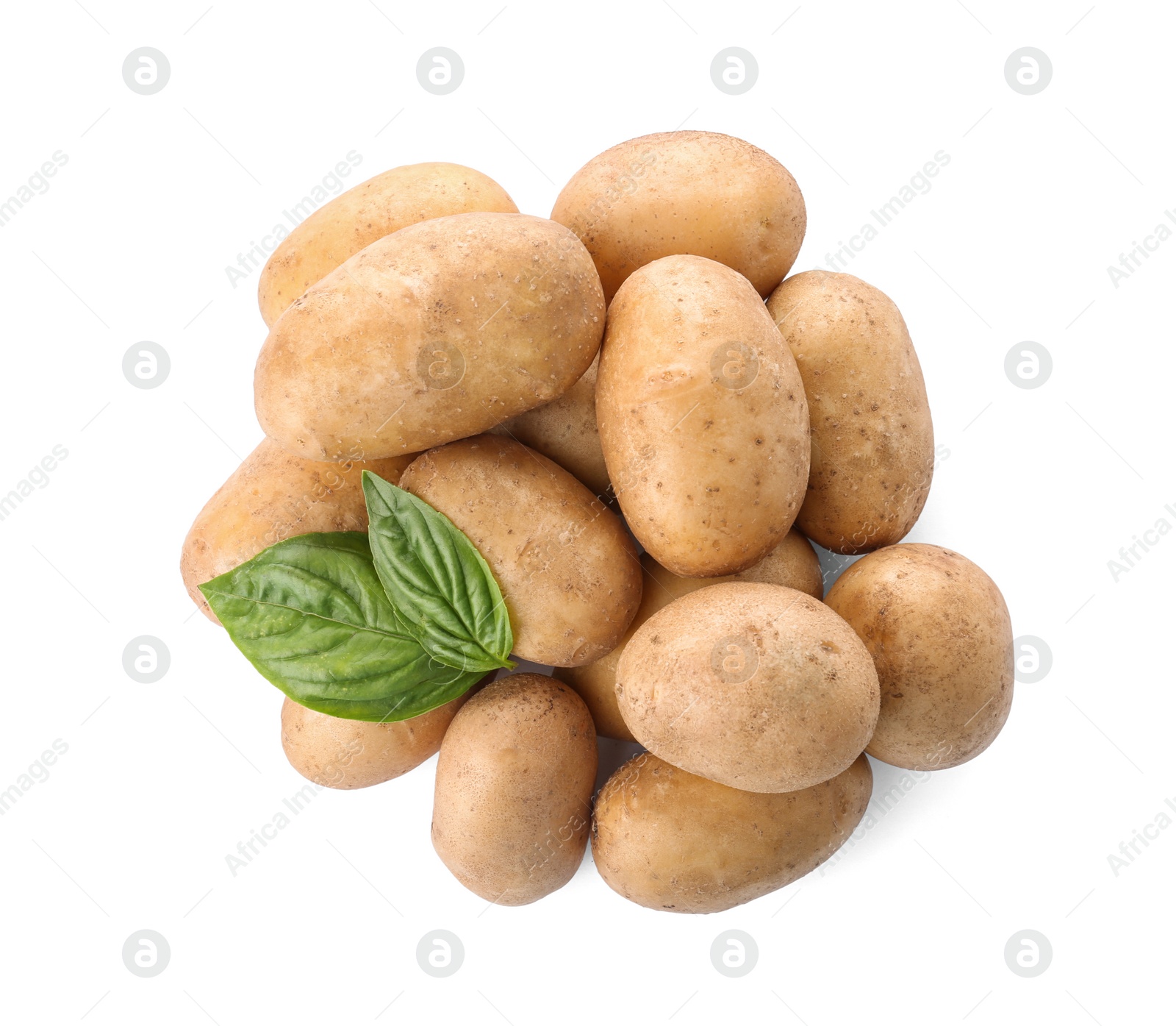 Photo of Fresh ripe organic potatoes on white background, top view