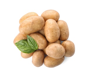 Photo of Fresh ripe organic potatoes on white background, top view