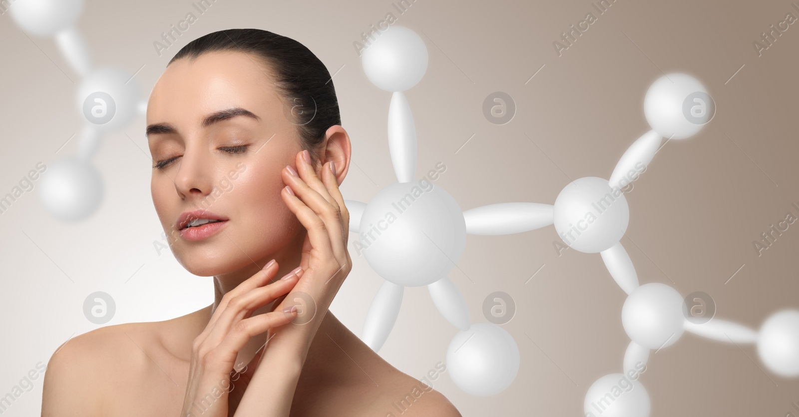 Image of Beautiful woman with perfect healthy skin and molecular model on dark beige background, banner design. Innovative cosmetology