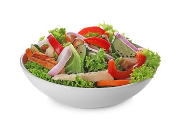 Photo of Delicious fresh chicken salad with vegetables isolated on white
