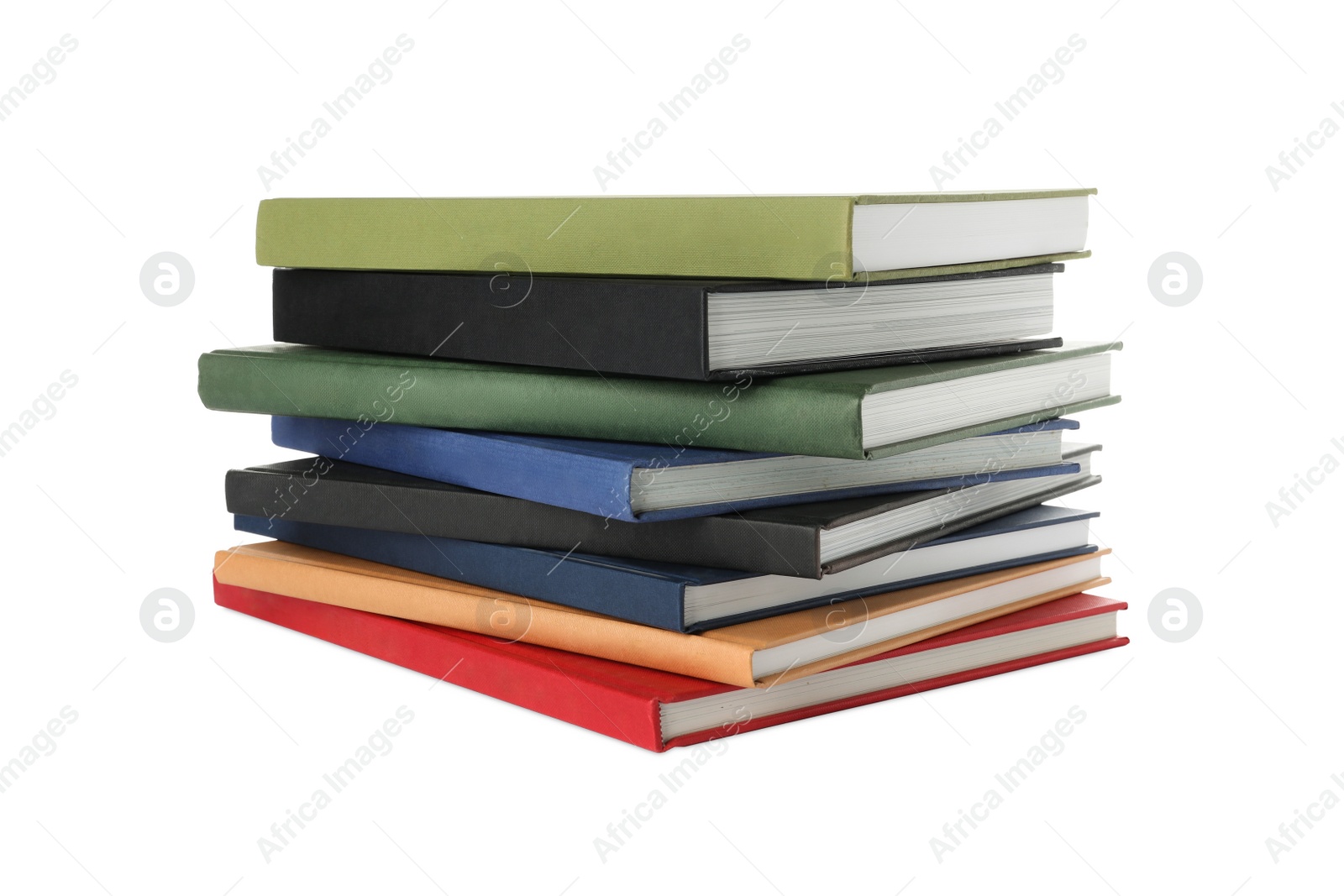 Photo of Many different books stacked on white background