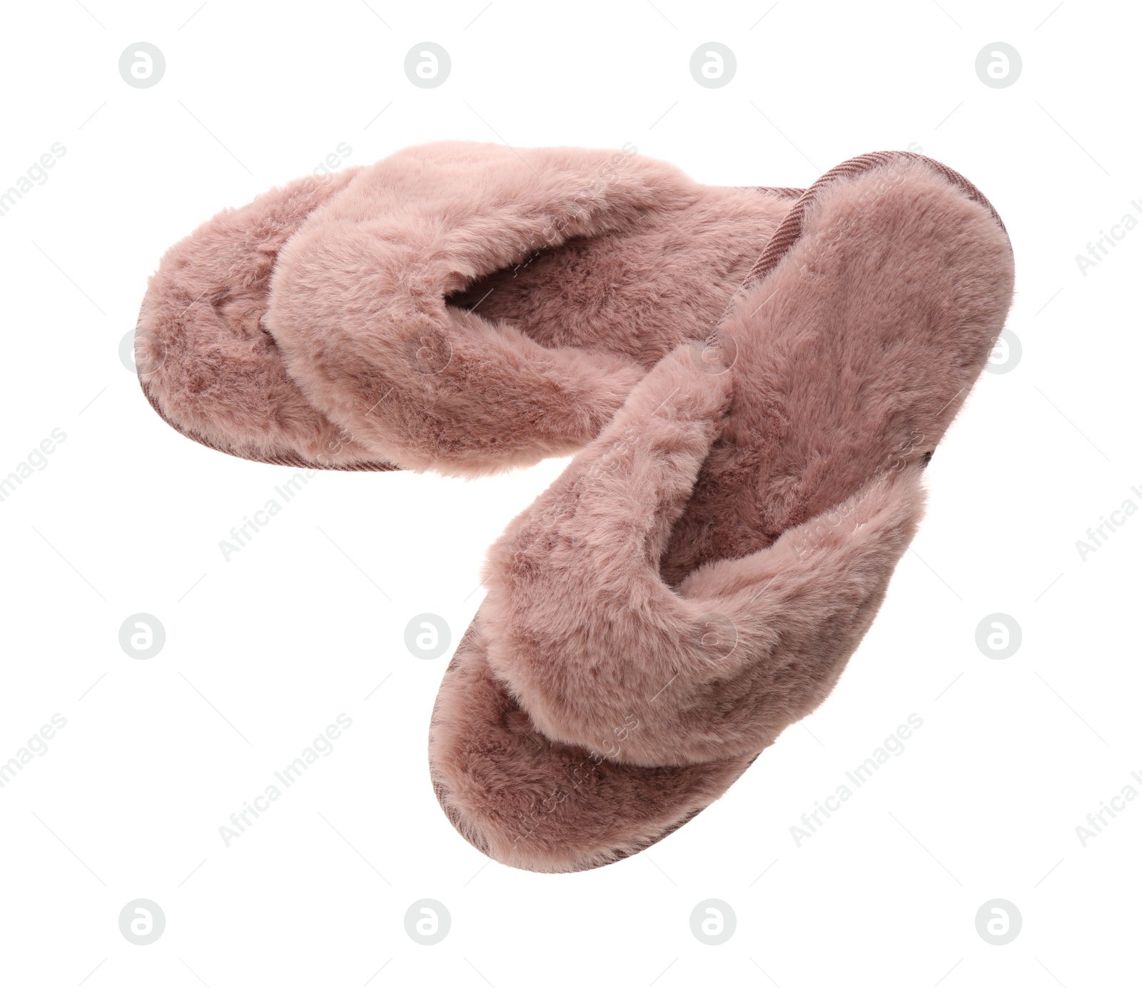 Photo of Stylish soft slippers on white background, top view