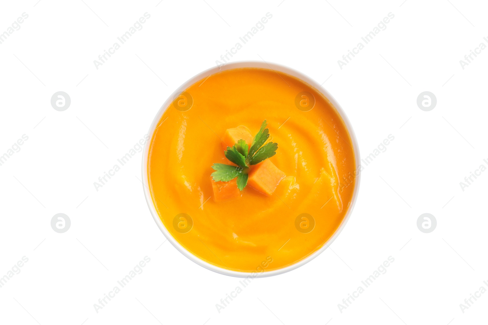 Photo of Delicious pumpkin cream soup in bowl on white background, top view