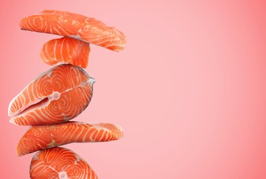 Image of Cut fresh salmon on pink background, space for text