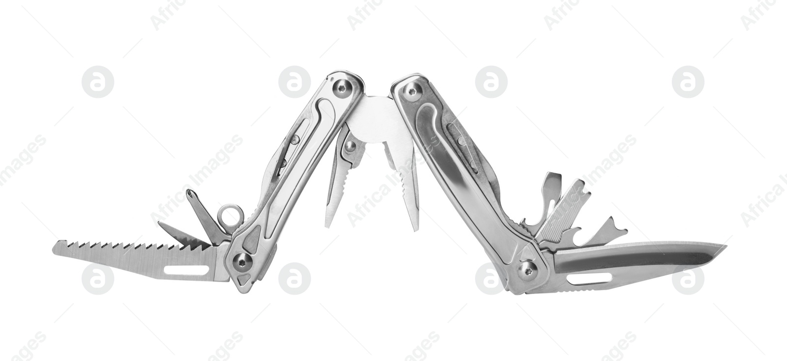 Photo of Compact portable metallic multitool isolated on white