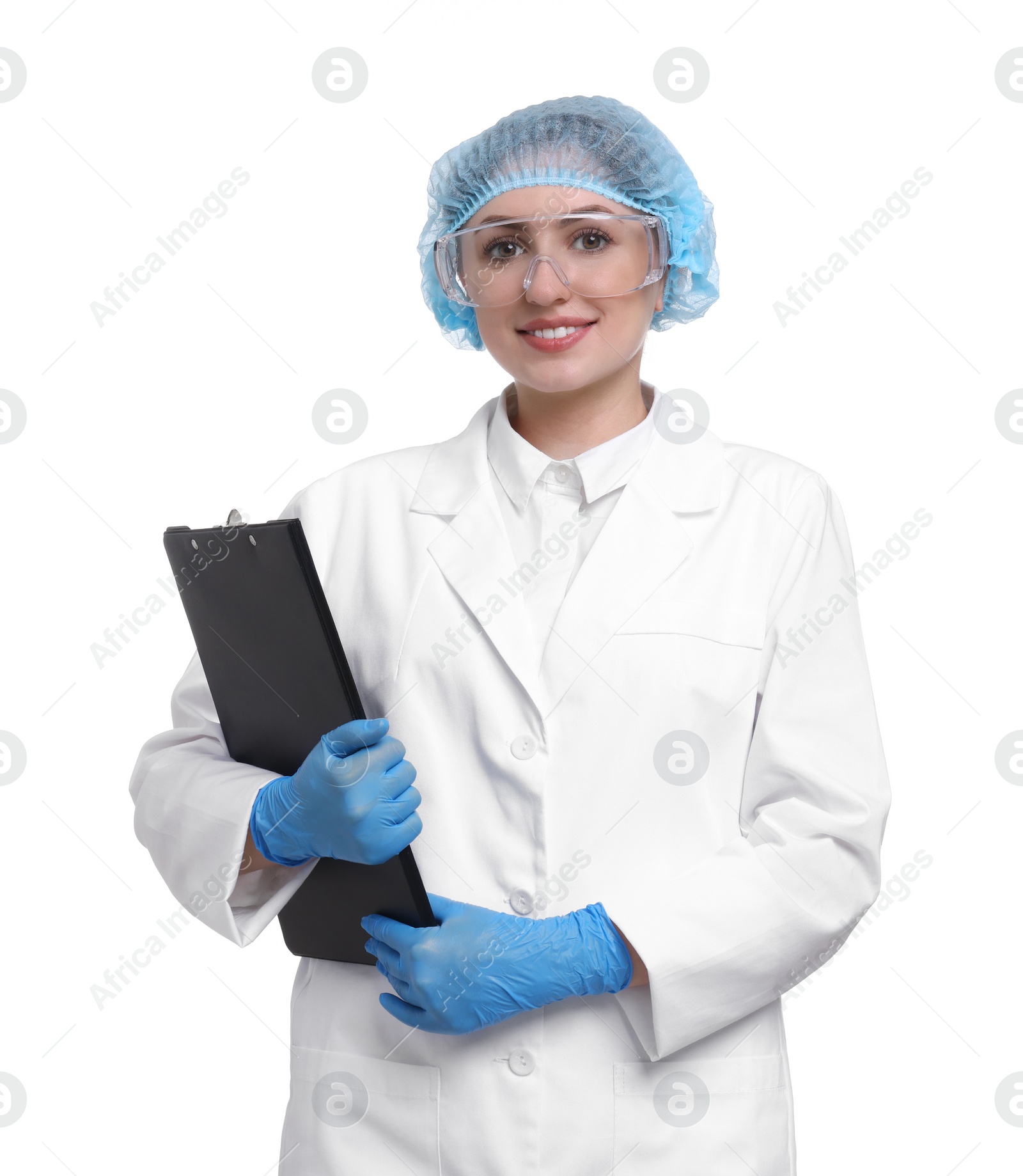 Photo of Quality control. Food inspector with clipboard on white background