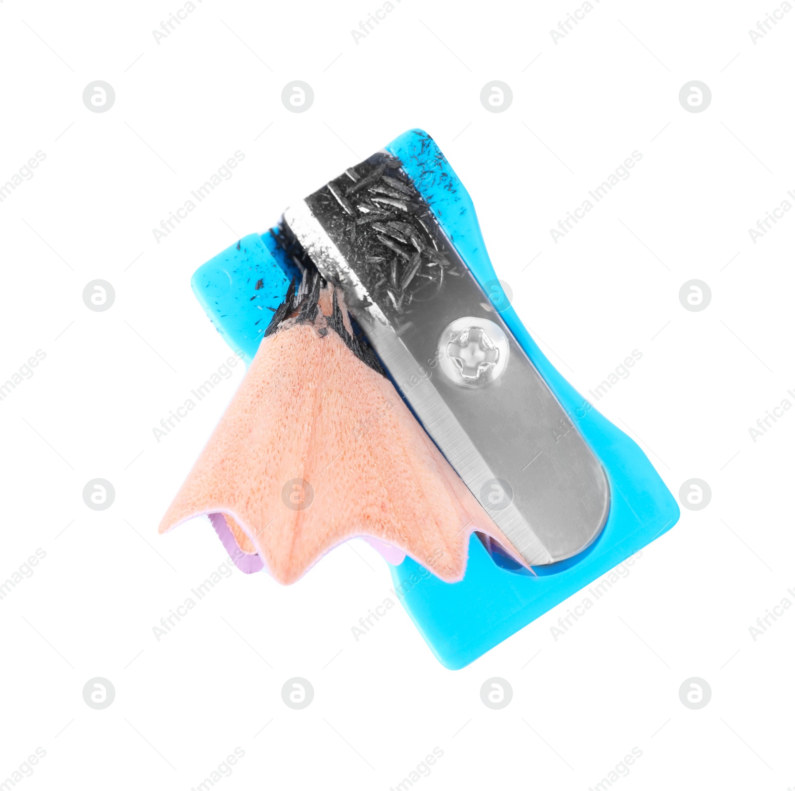 Photo of Light blue sharpener with pencil shavings on white background, top view