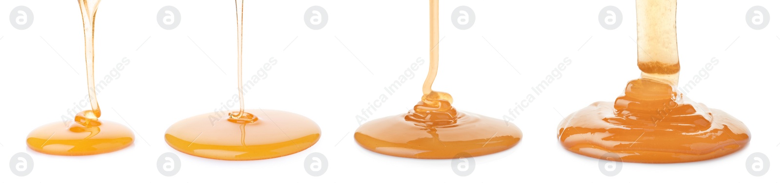 Image of Set of pouring organic honey on white background. Banner design 
