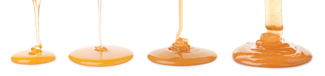 Image of Set of pouring organic honey on white background. Banner design 