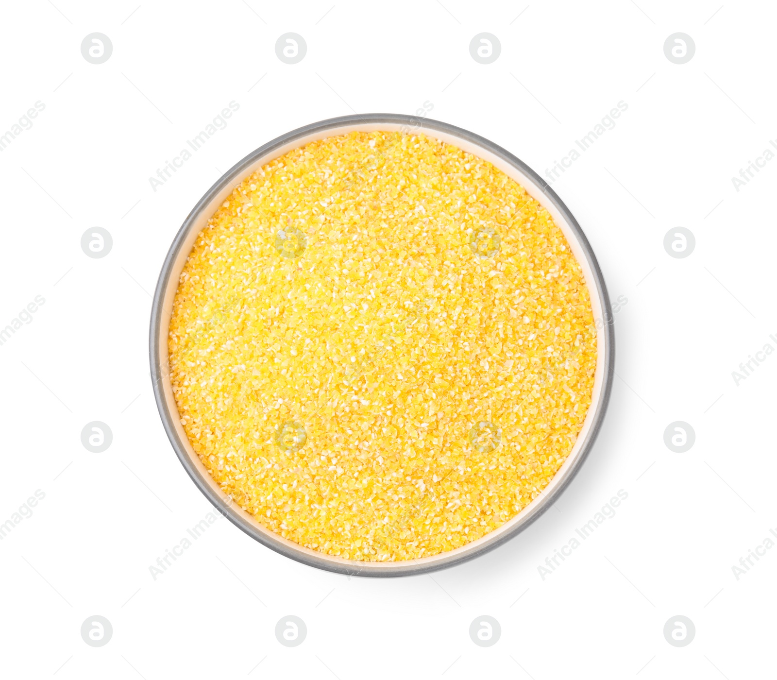 Photo of Raw cornmeal in bowl isolated on white, top view