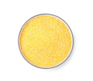 Raw cornmeal in bowl isolated on white, top view