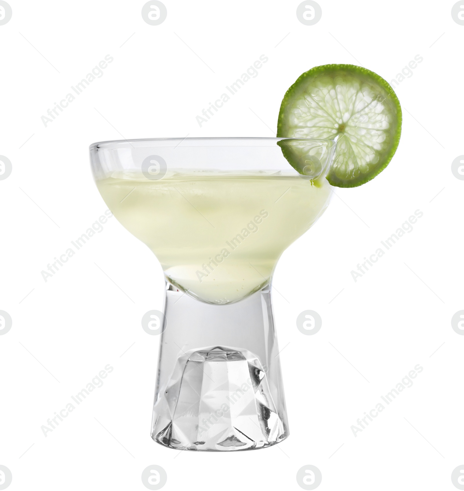 Photo of Glass of tasty martini with lime on white background