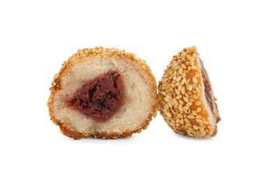 Cut sesame ball with red bean paste on white background