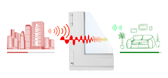 Image of Window profile sample and illustrations on white background demonstrating noise cancelling effect