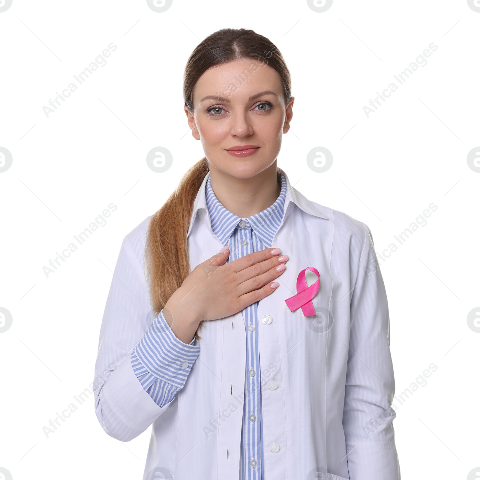 Photo of Mammologist with pink ribbon on white background. Breast cancer awareness