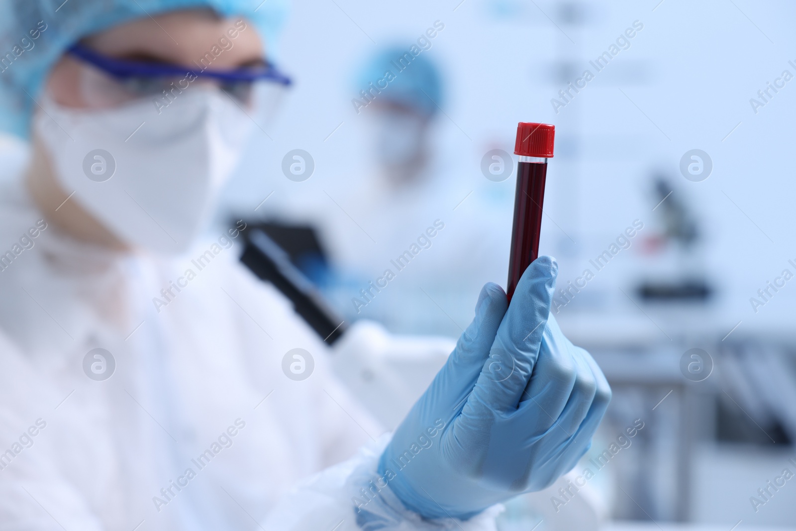 Photo of Scientist working with sample in test tube in laboratory, selective focus