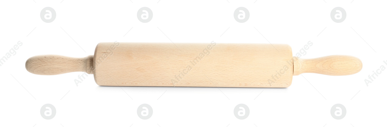 Photo of New wooden rolling pin isolated on white. Cooking utensil