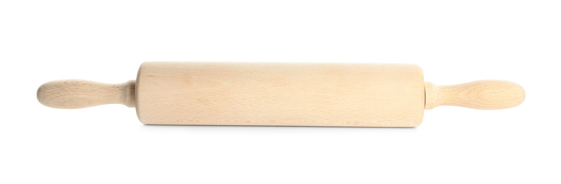 Photo of New wooden rolling pin isolated on white. Cooking utensil