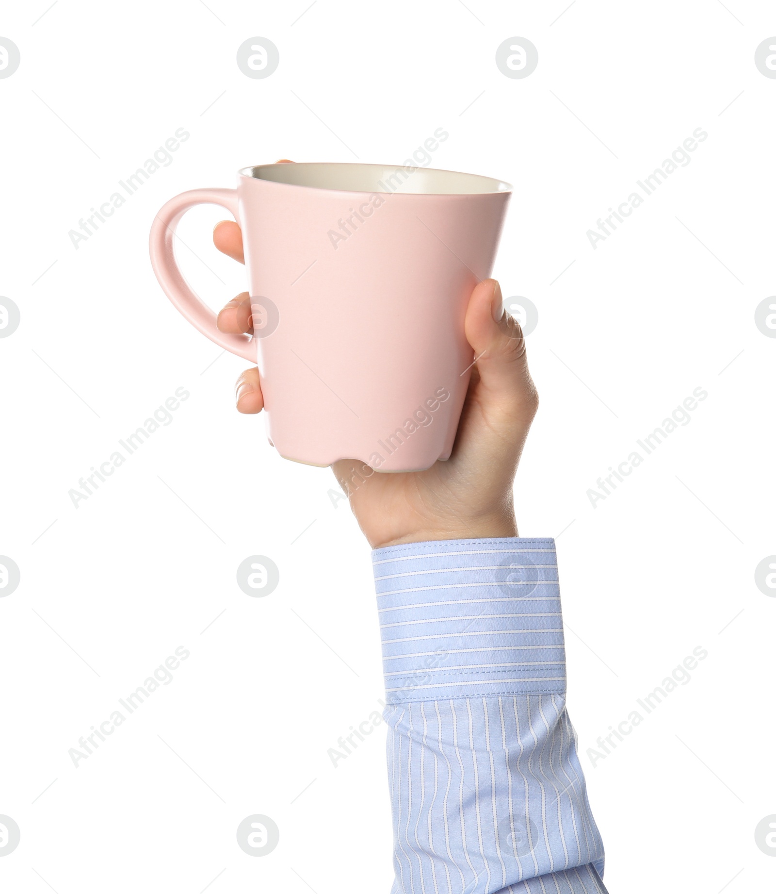 Photo of Woman holding pink cup on white background, closeup