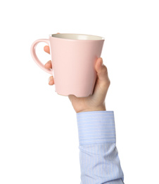 Photo of Woman holding pink cup on white background, closeup