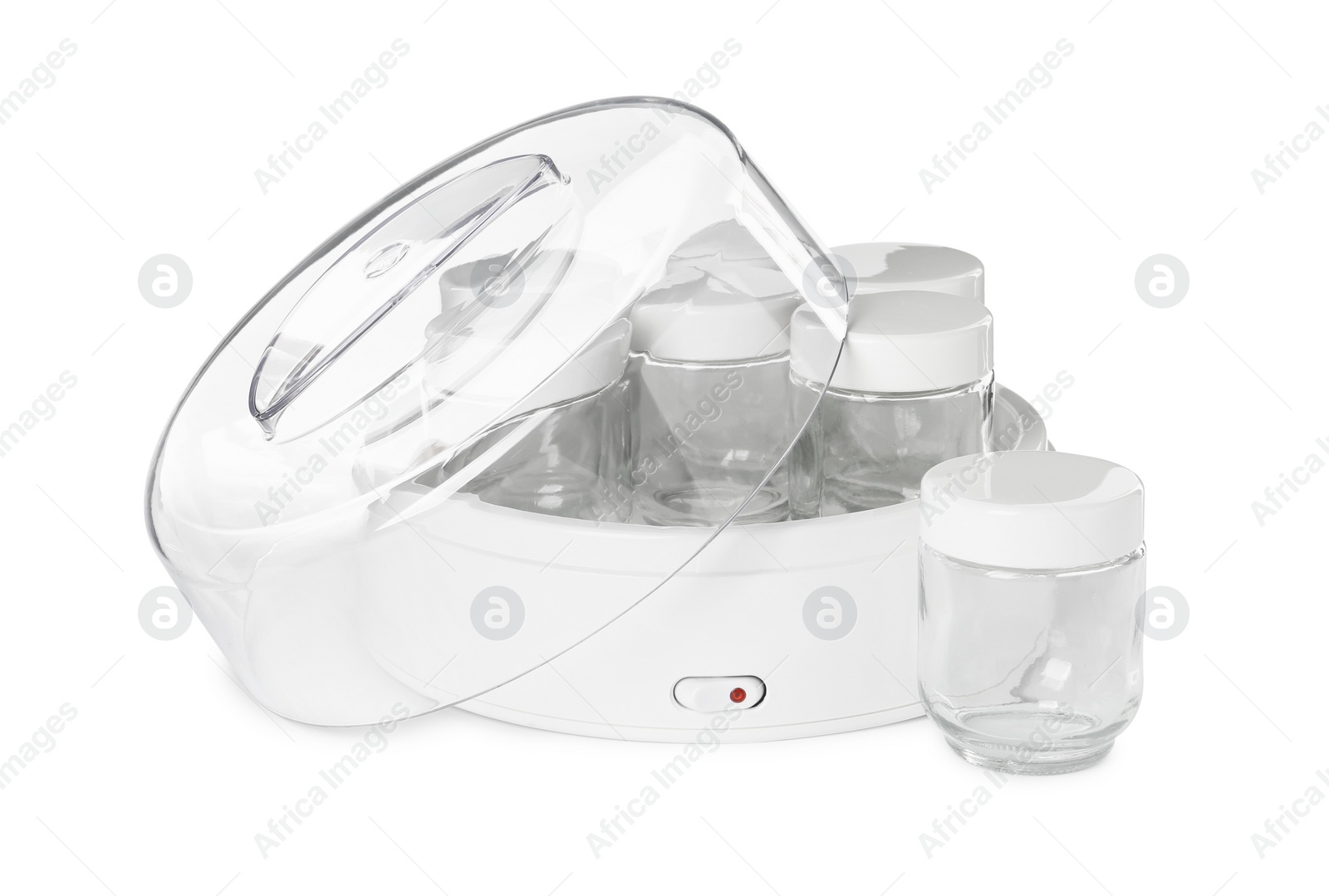 Photo of Modern yogurt maker with empty jars on white background