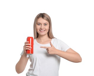 Photo of Beautiful happy woman holding red beverage can on white background