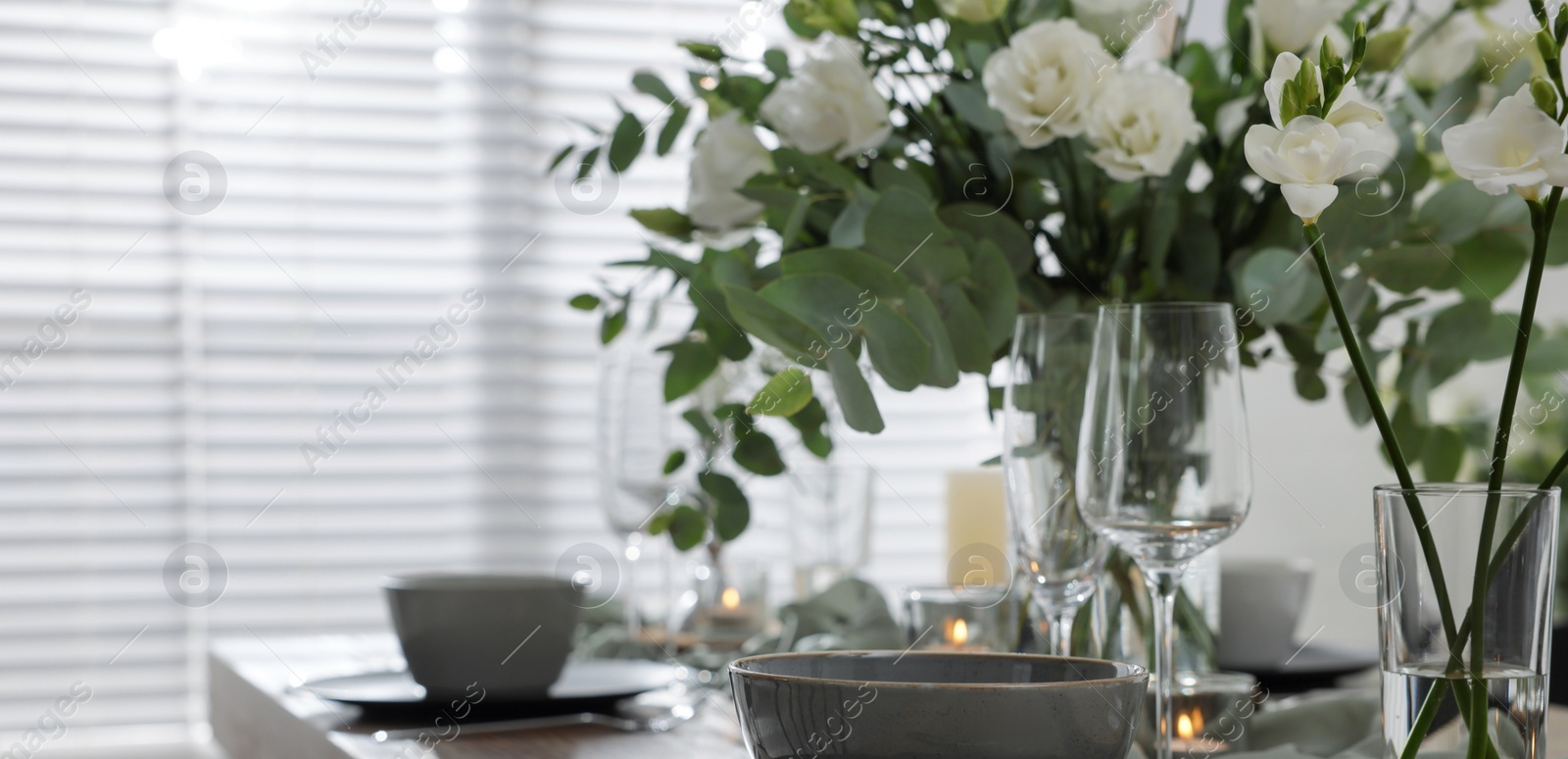 Image of Festive table setting with beautiful tableware and decor indoors. Banner design