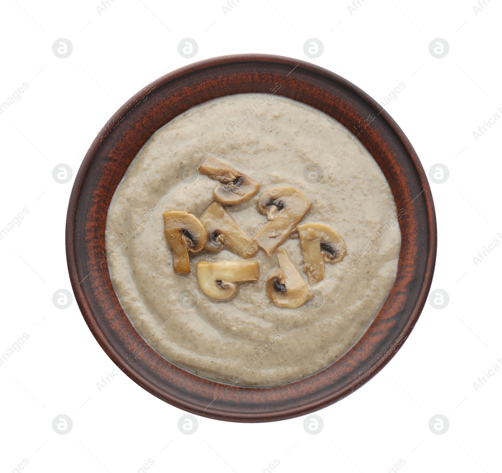 Photo of Delicious mushroom cream soup on white background, top view