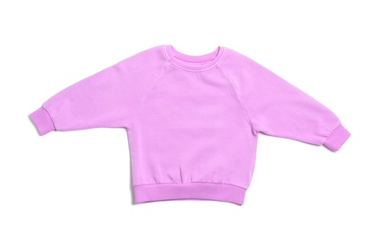 Photo of Cute pink child sweatshirt isolated on white, top view