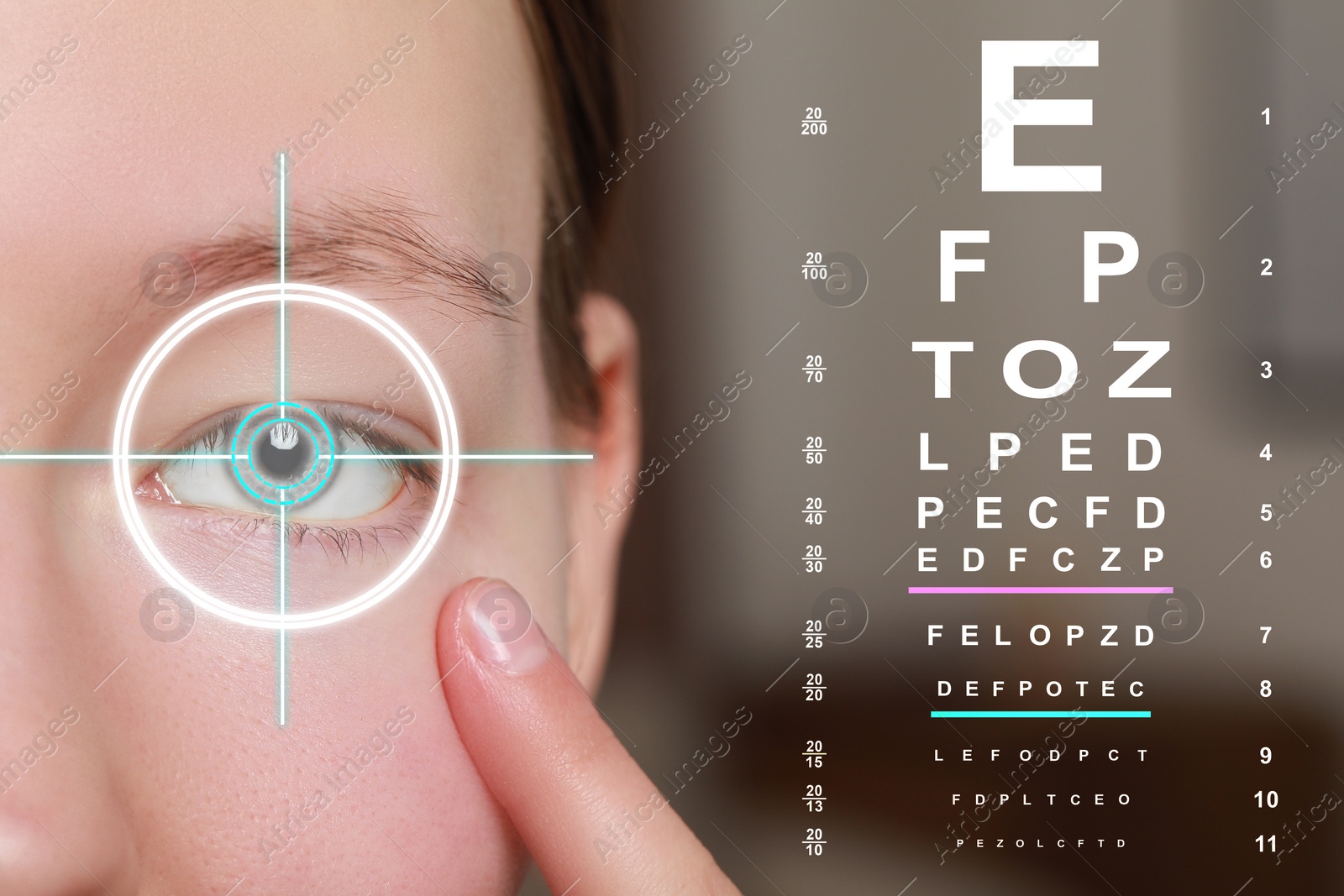 Image of Vision test chart and laser reticle focused on woman's eye against blurred background, closeup
